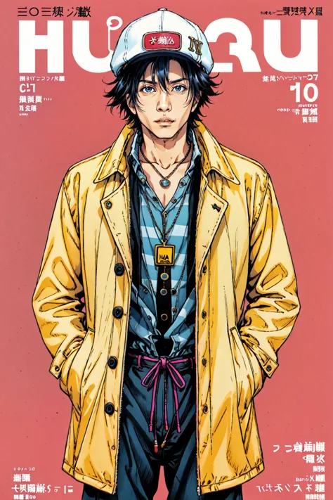 <lora:NihonMagStyle:1> Japanese Music Magazine Style, 1boy, black hair, coat, cover, english text, fake cover, fashion, hat, jac...