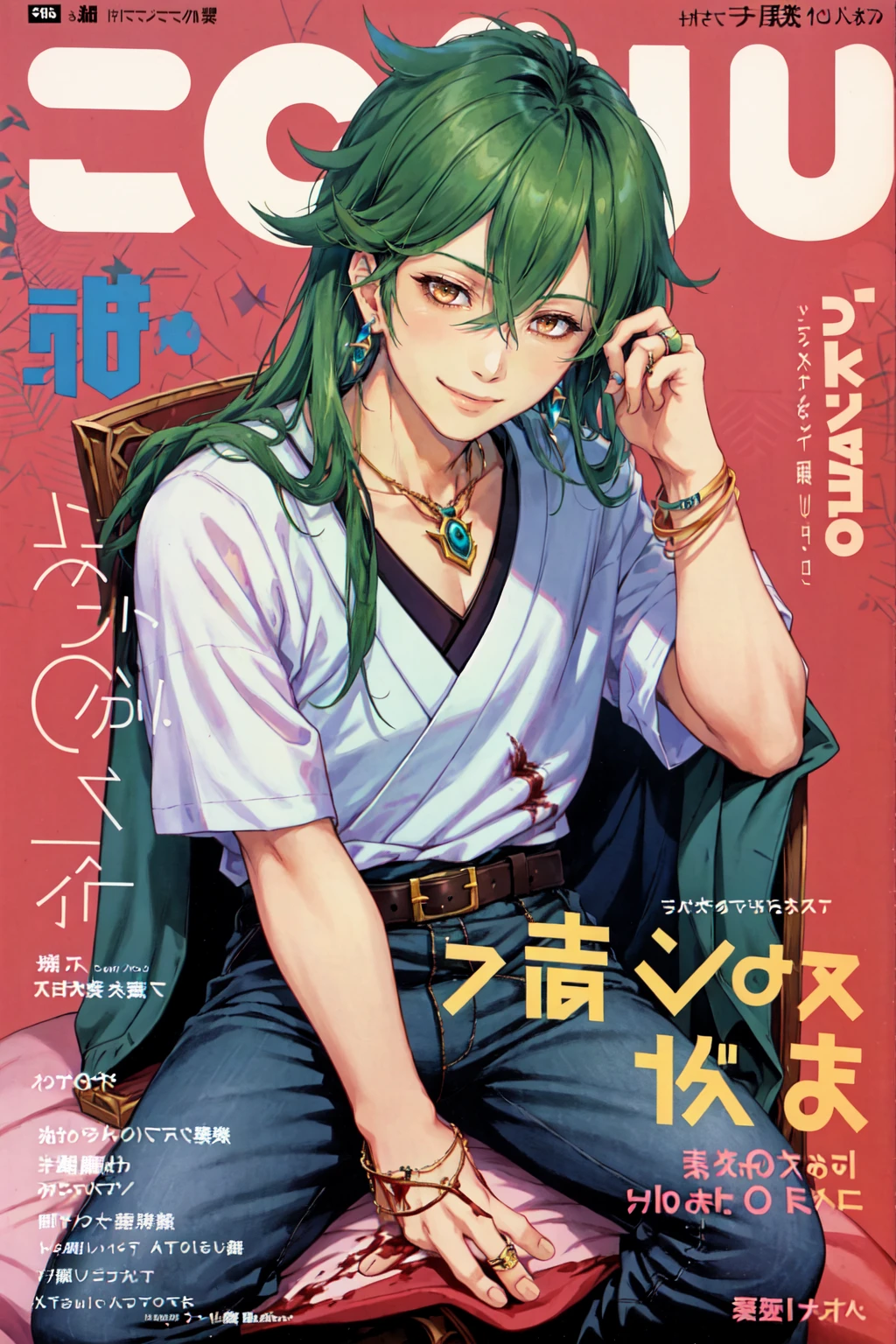 Japanese Music Magazine Style, 1boy, blood, brown eyes, earrings, green hair, fluffy eyes, (league of legends), hair between eyes, jewelry, long hair, looking at viewer, male focus, necklace, pants, ring, shirt, sitting, smile, solo, fake manga cover, magazine cover, text,