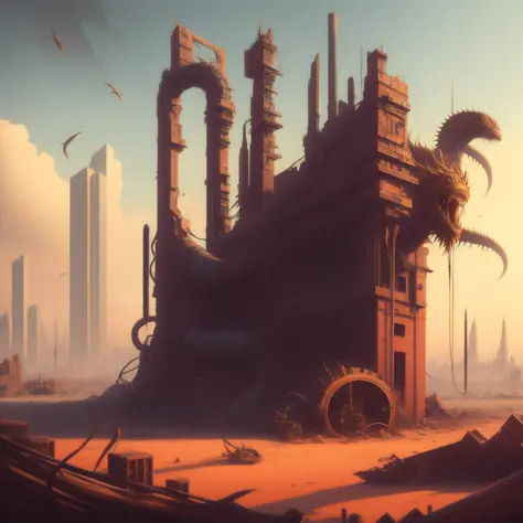 An oil painting of a ruined, post-apocalyptic city, with twisted, rusted machinery and decaying, Lovecraftian architecture filling the frame. In the distance, a massive, writhing creature can be seen, its tendrils stretching out towards the sky.