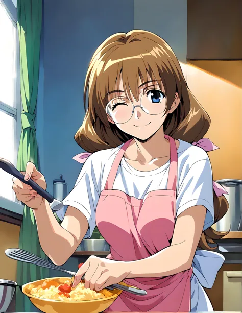 <lora:pony_xl_kaori:0.8>,kaori,score_9,score_8_up,score_7_up,source_anime,1girl,eyewear,hair_ribbon,t-shirt,miniskirt,apron,kitchen,smile,cooking,one-eyed wink,