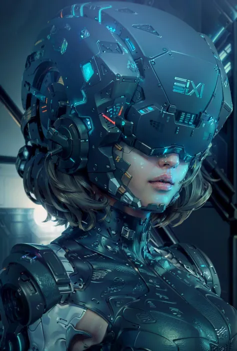 ((Best quality)), ((masterpiece)), (highly detailed:1.3), 3D,rfktr_technotrex, beautiful cyberpunk woman with voluminous hair,(wearing head-mounted display that is chunky and hi-tech:1.2),hacking a computer terminal,computer servers, LCD screens, fibre opt...