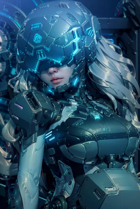 ((Best quality)), ((masterpiece)), (highly detailed:1.3), 3D,rfktr_technotrex, beautiful cyberpunk woman with voluminous hair, hacking a computer terminal (wearing head-mounted display that is chunky and hi-tech:1.2),computer servers, LCD screens, fibre op...