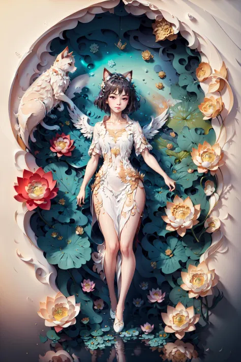 (((masterpiece))),bestquality,illustration,beautifuldetailedglow,
paper_cut, <lora:KK_paperCut_v1:1>, <lora:PAseer_angelV1:0.7>,1girl,solo,angel, full body,colorful,white cloth,(water),(lotus), cat,