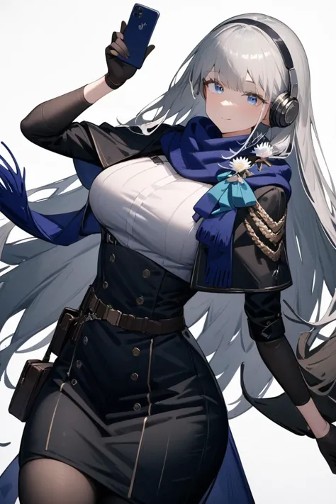 anime girl with white hair and blue gloves holding a cell phone