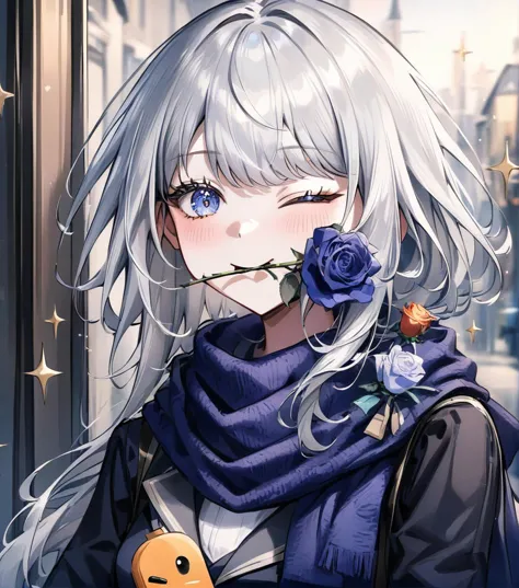 anime girl with white hair and blue scarf holding a rose