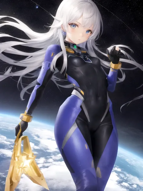 cosmic female in space, small breasts, futuristic bodysuit, stars, constellation