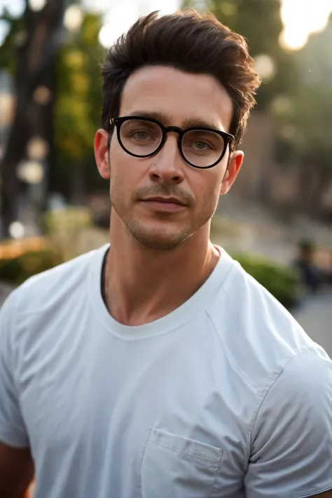 arafed man wearing glasses and a white shirt standing in a park