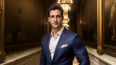 1boy,muscular,best quality,extremely detailed,CG,unity 8k wallpaper,solo,looking at viewer,realistic,palace,suit,whiskers,manhood,Middle-aged,face focus,handsome guy,male focus,DoctorMike,<lora:DoctorMike:0.8>,