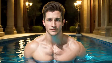 1boy,muscular,best quality,extremely detailed,CG,unity 8k wallpaper,solo,looking at viewer,realistic,palace,whiskers,manhood,(25 years old),face focus,male focus,DoctorMike,<lora:DoctorMike:0.8>,handsome face,topless,poolside,