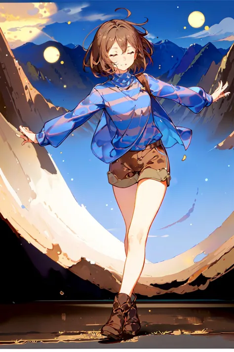 anime girl in blue shirt and brown shorts walking in front of a mountain