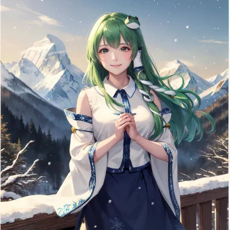 anime girl with green hair and blue dress standing in front of a mountain