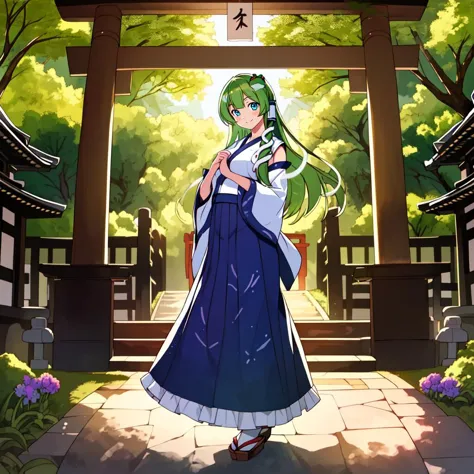 masterpiece, best quality, illustration, beautiful detailed, finely detailed, dramatic light, intricate details, colorful, 1girl, smiling, standing, (((long shot, full body portrait))), <lora:Sanae_V1:1.0> kochiya sanae, hair tubes, frog hair ornament, snake hair ornament, shirt, long sleeves, wide sleeves, blue skirt, ((empty hands)), (japanese shrine, green shrine), outdoors, day