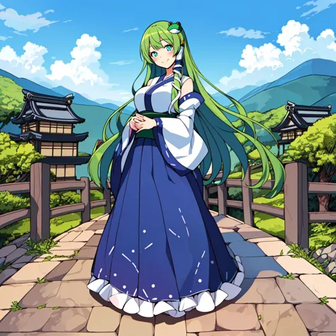 masterpiece, best quality, illustration, beautiful detailed, finely detailed, dramatic light, intricate details, colorful, 1girl, smiling, standing, (((long shot, full body portrait))), <lora:Sanae_V1:1.0> kochiya sanae, hair tubes, frog hair ornament, snake hair ornament, shirt, long sleeves, wide sleeves, blue skirt, ((empty hands)), (japanese village), blue sky, clouds, day