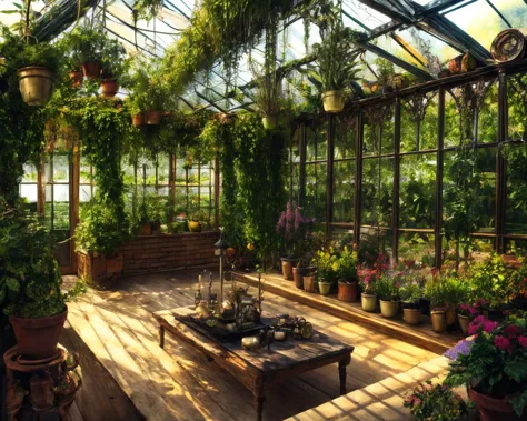 arafed greenhouse with a table and lots of plants