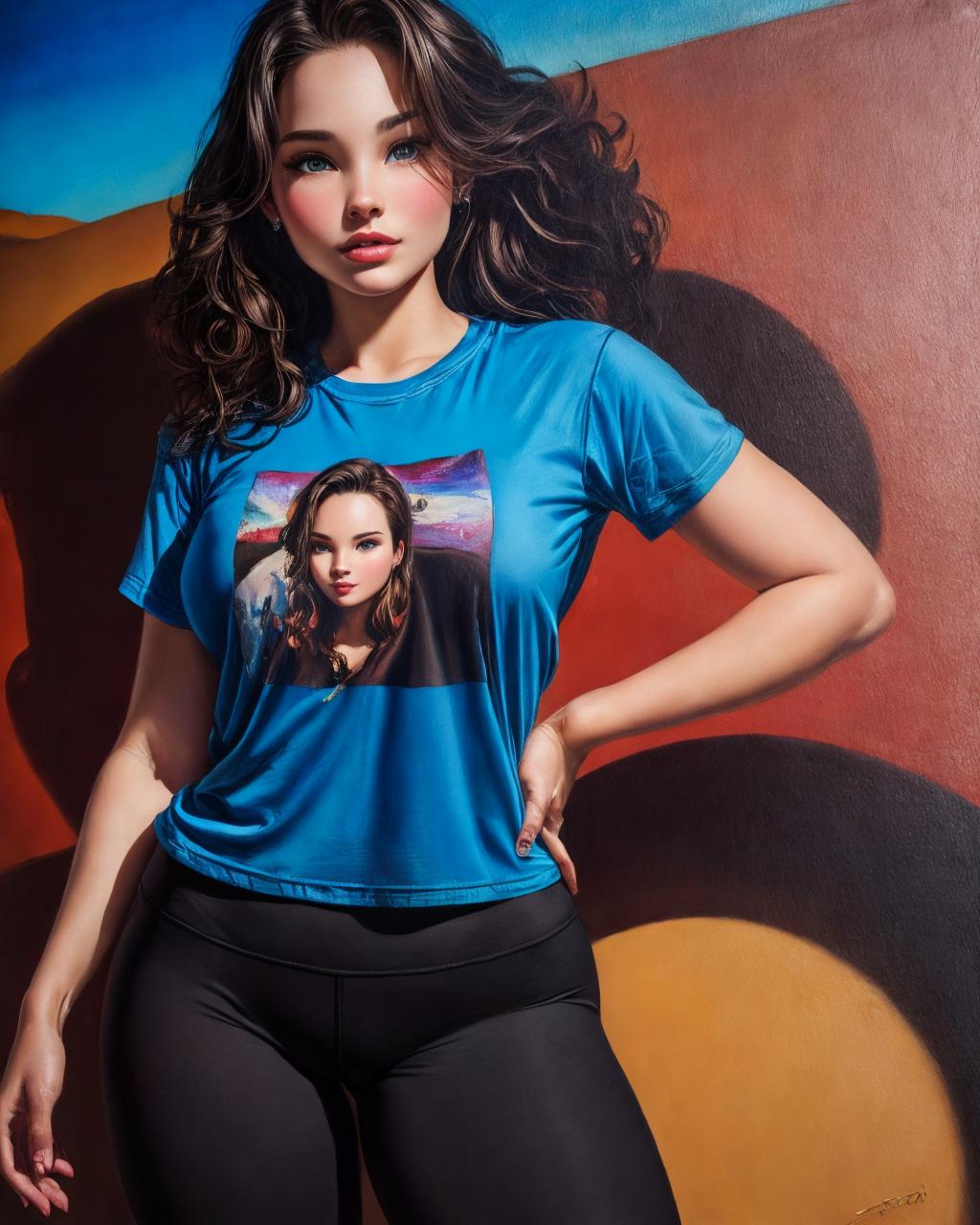 A woman in a blue shirt and black leggings posing for a picture - SeaArt AI