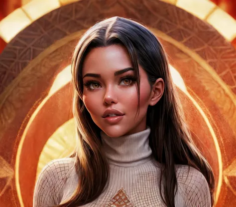 a close up of a woman with long hair and a turtle neck sweater