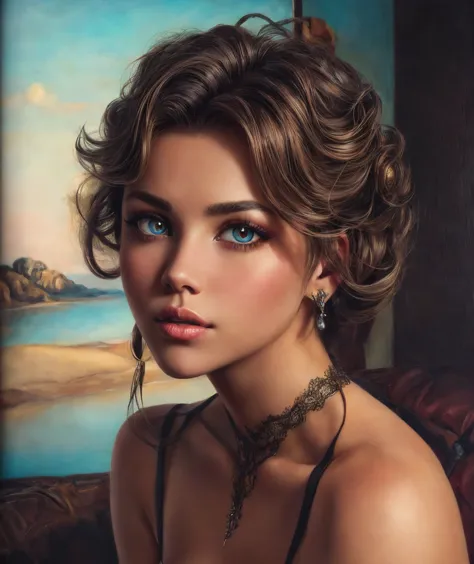 a painting of a woman with blue eyes and a necklace