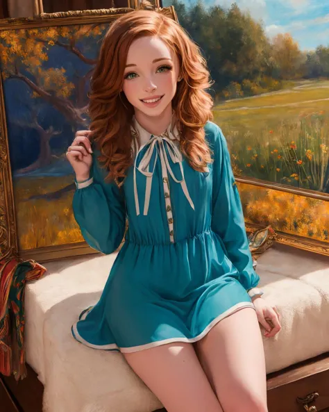 painting of a woman sitting on a bed in front of a painting