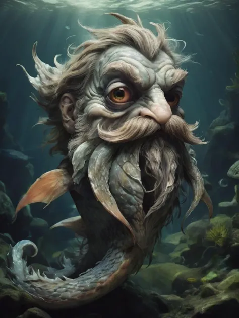 a strange looking fish that has a beard and a mustache, the fish is in dire need for a shave, deep shadows, cartoon, illustratio...