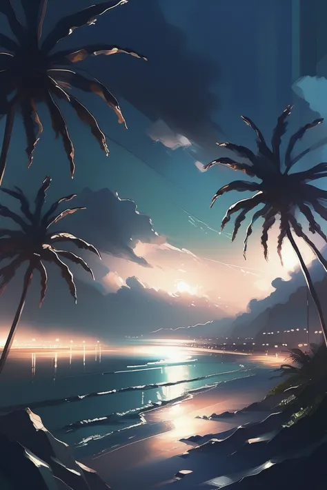 a painting of a beach with palm trees and a sunset