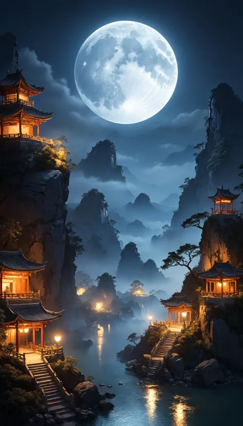 a painting of a mountain with a river and a full moon