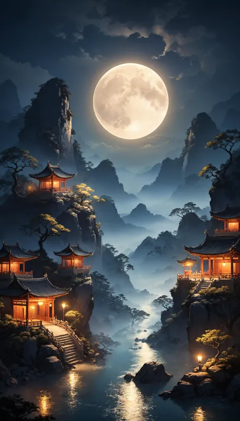 a painting of a mountain with a river and a full moon