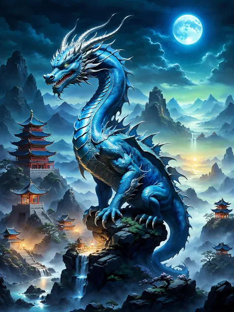 a blue dragon sitting on top of a mountain with a full moon in the background