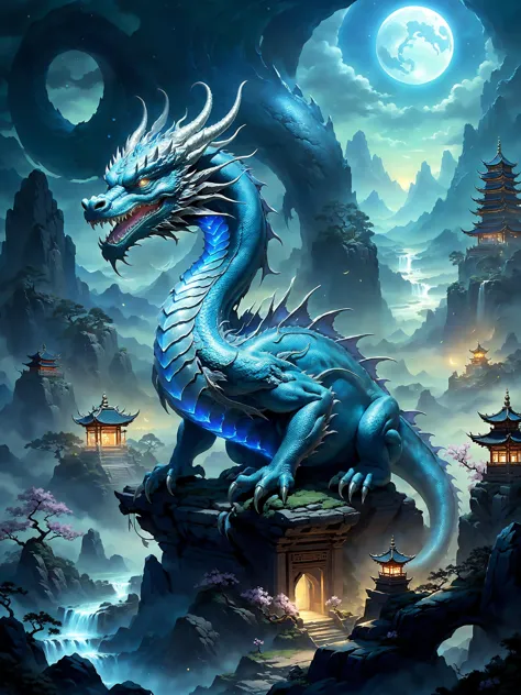 a blue dragon sitting on top of a rock in front of a full moon