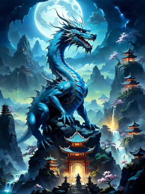 a blue dragon sitting on top of a mountain with a full moon in the background