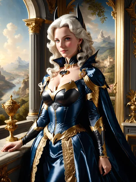 a close up of a woman in a blue dress and a cape