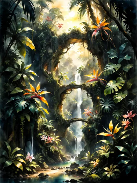 a painting of a jungle with a waterfall and lots of plants