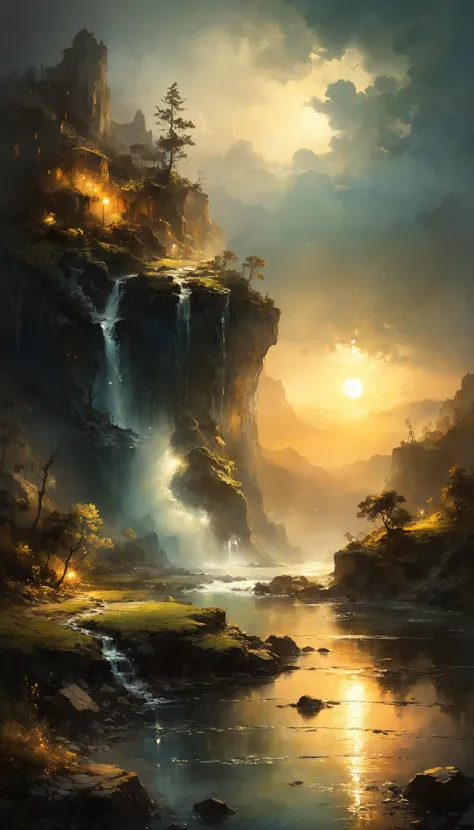 a painting of a waterfall in the middle of a mountain