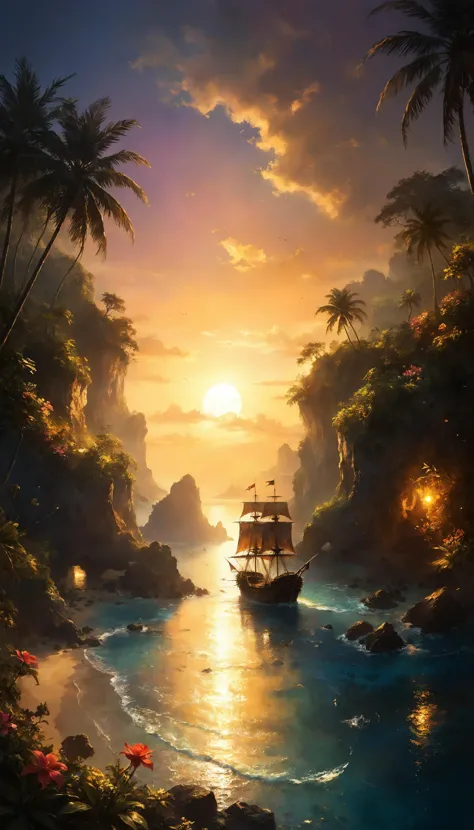 a painting of a boat sailing through a tropical cove