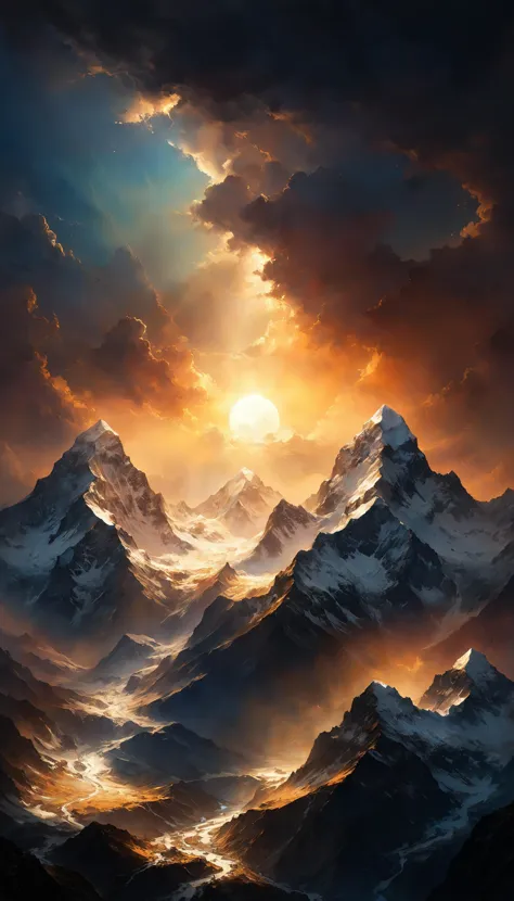 a painting of a mountain range with a sunset in the background