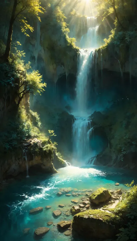 a painting of a waterfall in the middle of a forest