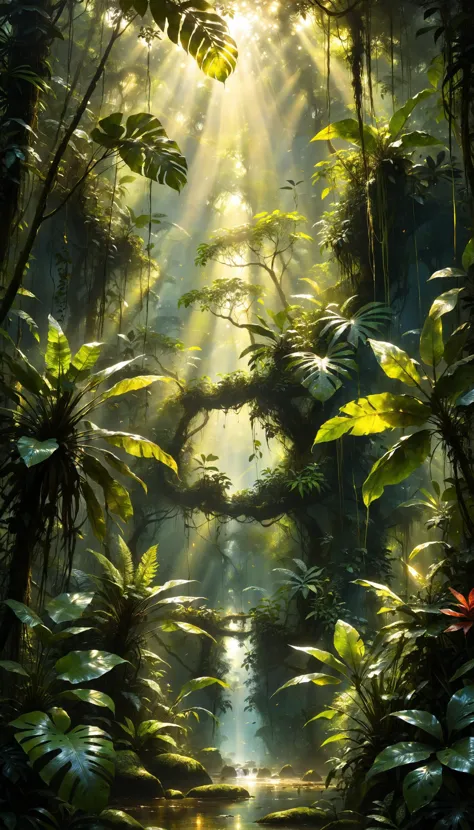 a view of a jungle with sunbeams and trees