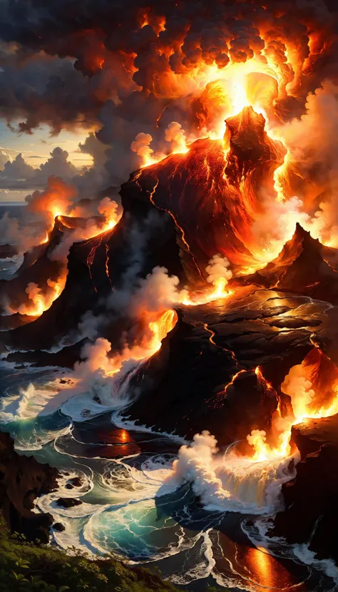 a large lava volcano erupts into the ocean as it burns