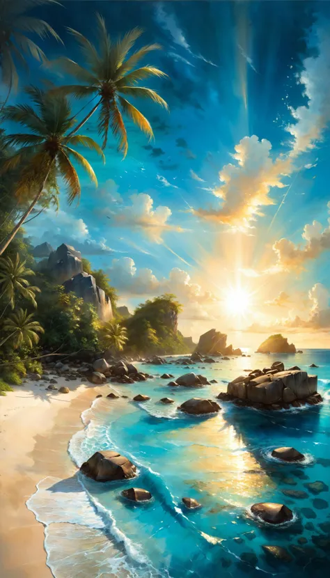 a painting of a beach with palm trees and rocks