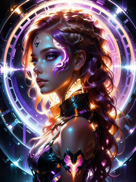 a woman with glowing eyes and a purple hair in a futuristic style