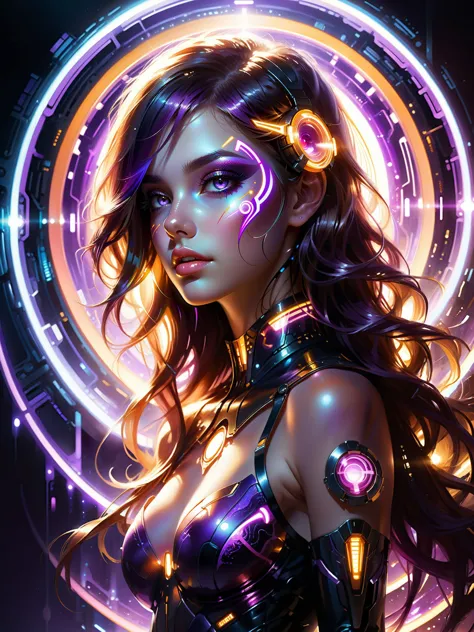 a woman with glowing hair and a futuristic outfit