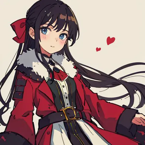 anime girl with long black hair wearing a red coat and white dress