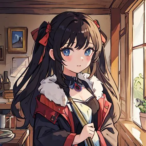 anime girl with long hair and blue eyes holding a book