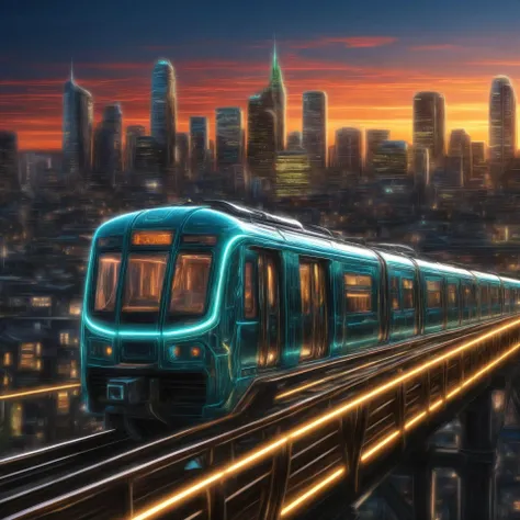 (An anime image:1.3) line drawing with glowing edges of A photorealistic image of the skyline of a Sci-Fi Solarpunk city. The wood and glass rooftops hold shimmering solar panels. A futuristic mag-rail train runs past. I the style of the motion picture I Robot at noon.