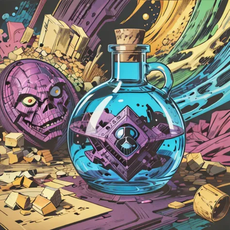 a close up of a bottle with a skull inside of it