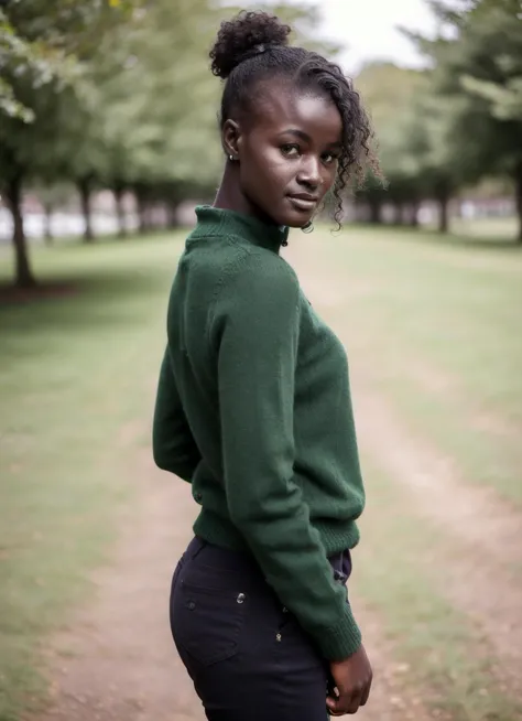 a photo of black sks woman doing a modelshoot, modelshoot style, wearing green pullover, posing for the camera, sharp, 8k, <lyco...