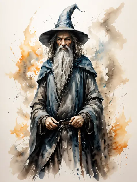 a figure strongly built and with broad shoulder, though shorter than the average of men and now stooped with age, leaning on a thick rough-cut staff as he trudged along... Gandalf's hat was wide-brimmed [...] with a pointed conical crown, and it was blue; he wore a long grey cloak, but this would not reach much below his knees. It was of an elven silver-grey hue, though tarnished by wear