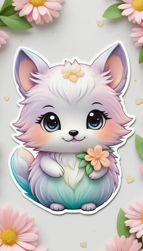 a close up of a sticker of a cat with flowers