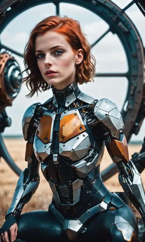 a woman in a futuristic suit sitting on a chair in a field