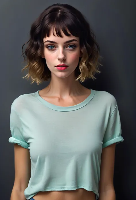 a woman with a short hair and a green shirt