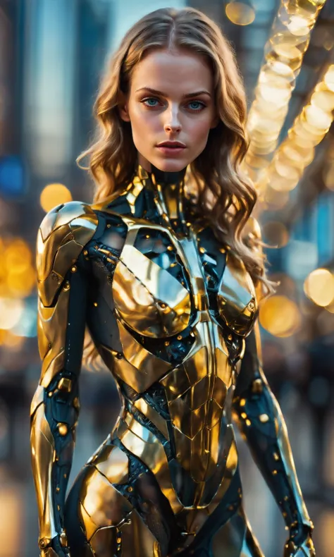 a woman in a gold suit standing in front of a city